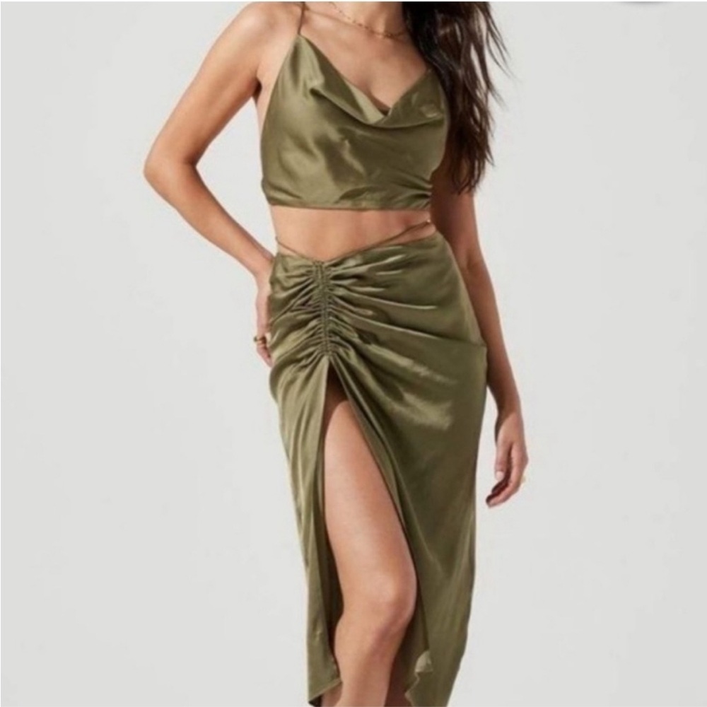 Astr Olive Satin Skirt Set